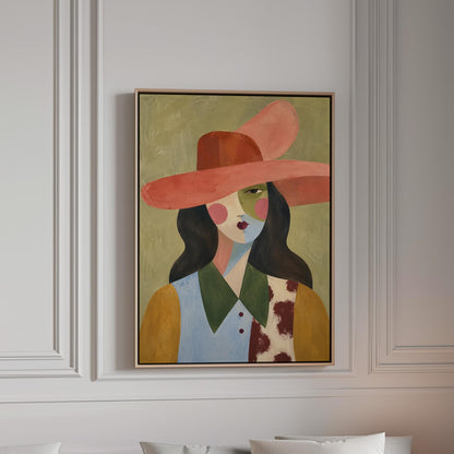 Abstract cowgirl in a wide coral hat with a cow print vest and dark hair, canvas print in a bright room with natural daylight