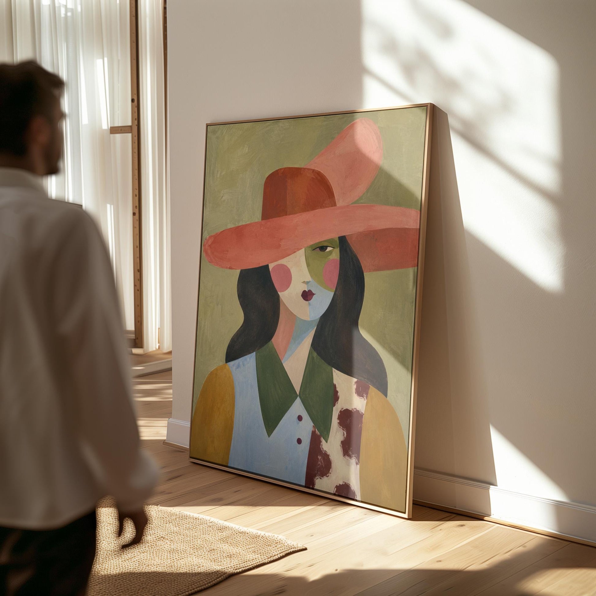 Abstract cowgirl in a wide coral hat with a cow print vest and dark hair, canvas print presented in a light, minimal room