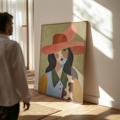 Abstract cowgirl in a wide coral hat with a cow print vest and dark hair, canvas print presented in a light, minimal room
