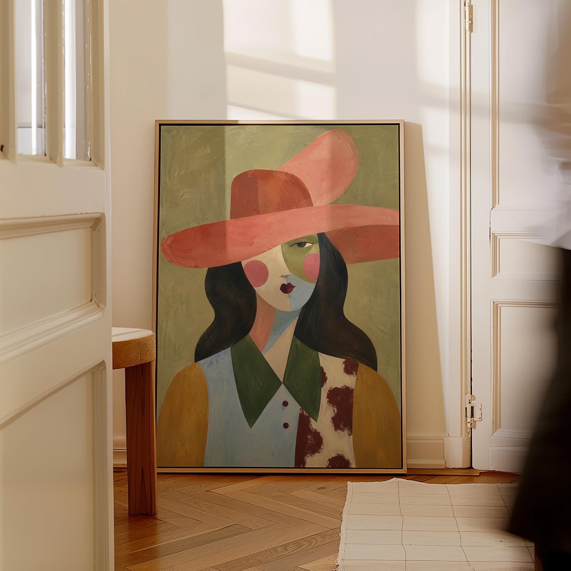 Abstract cowgirl in a wide coral hat with a cow print vest and dark hair, canvas print on a quiet wall in a considered interior