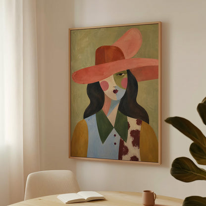Abstract cowgirl in a wide coral hat with a cow print vest and dark hair, canvas print displayed on a neutral wall in a styled interior