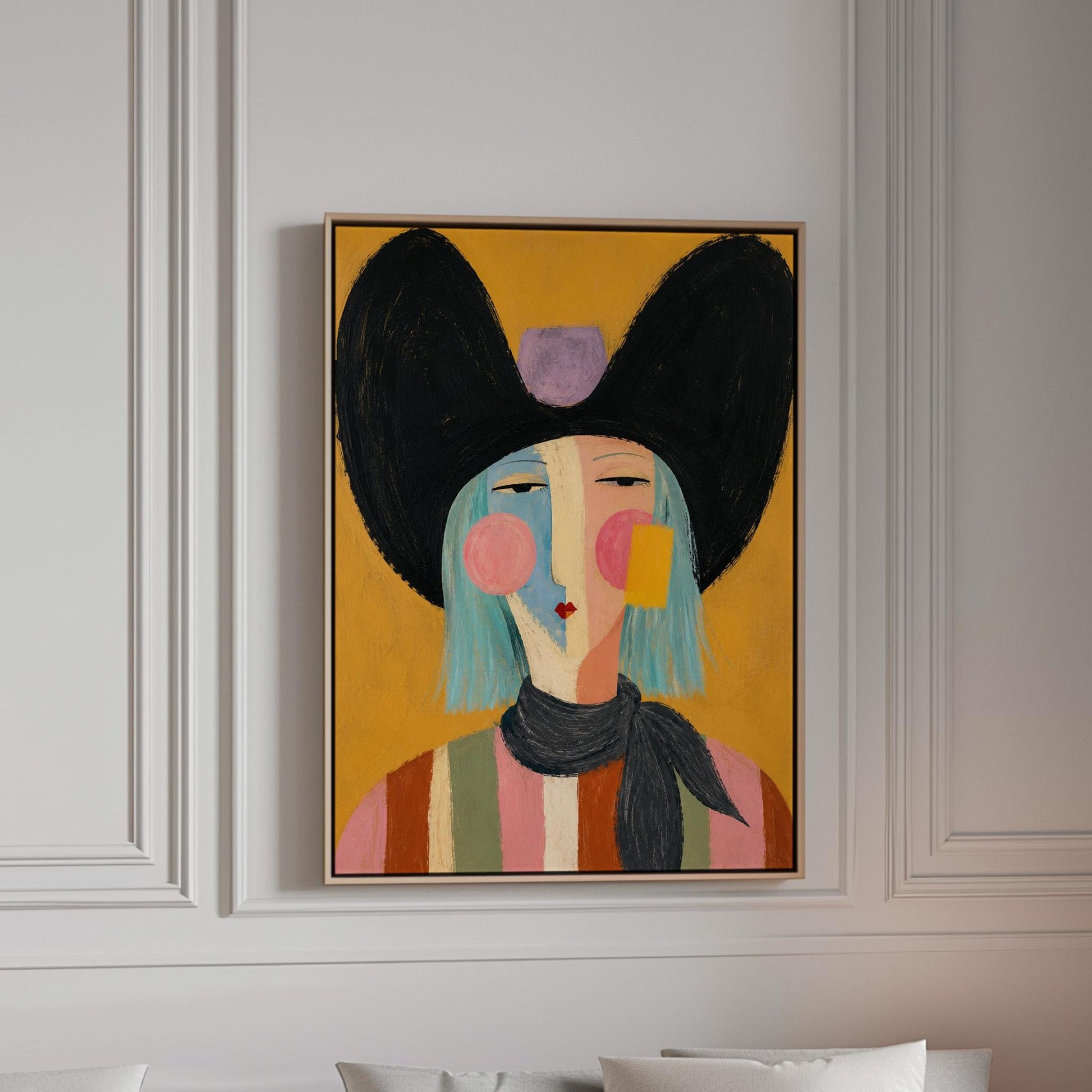 Expressive cowgirl with sweeping black hair and a scarf on an ochre ground, canvas print in a bright room with natural daylight