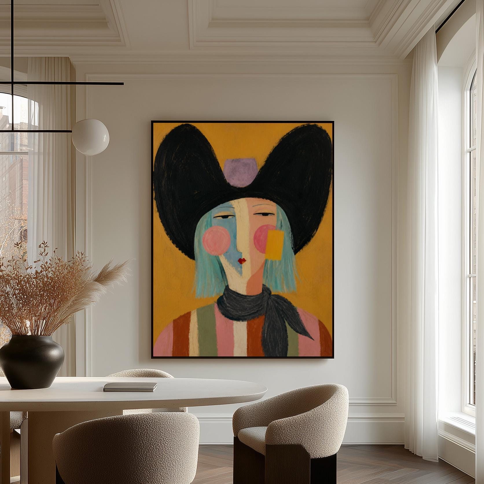 Expressive cowgirl with sweeping black hair and a scarf on an ochre ground, canvas print styled against a soft white wall