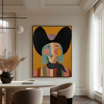 Expressive cowgirl with sweeping black hair and a scarf on an ochre ground, canvas print styled against a soft white wall
