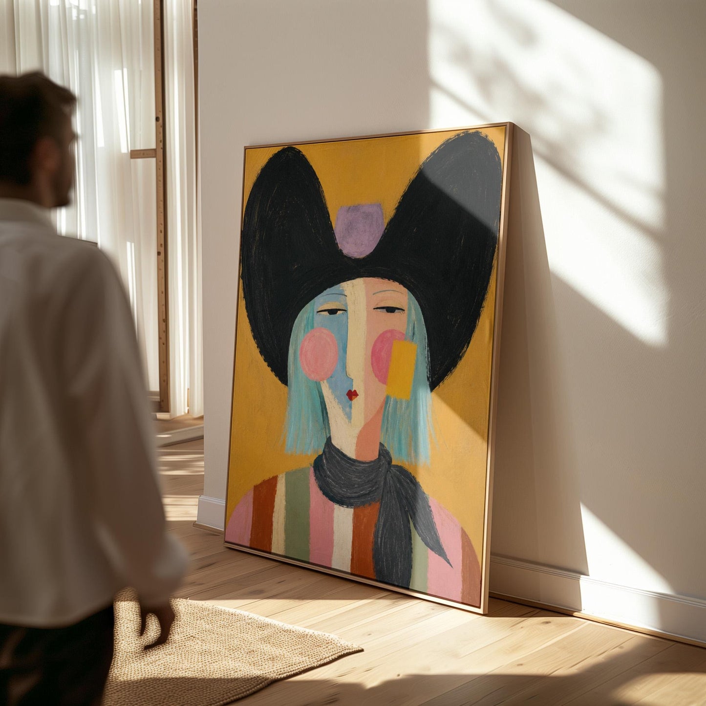 Expressive cowgirl with sweeping black hair and a scarf on an ochre ground, canvas print seen in a warm interior with natural light