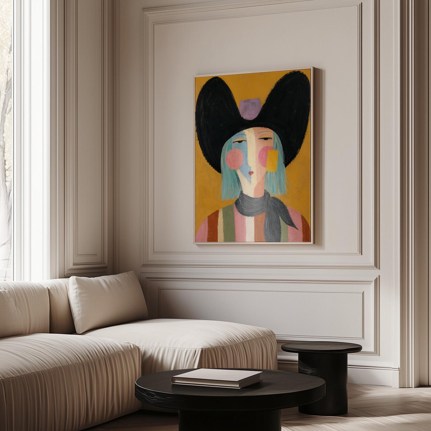 Expressive cowgirl with sweeping black hair and a scarf on an ochre ground, canvas print presented in a light, minimal room