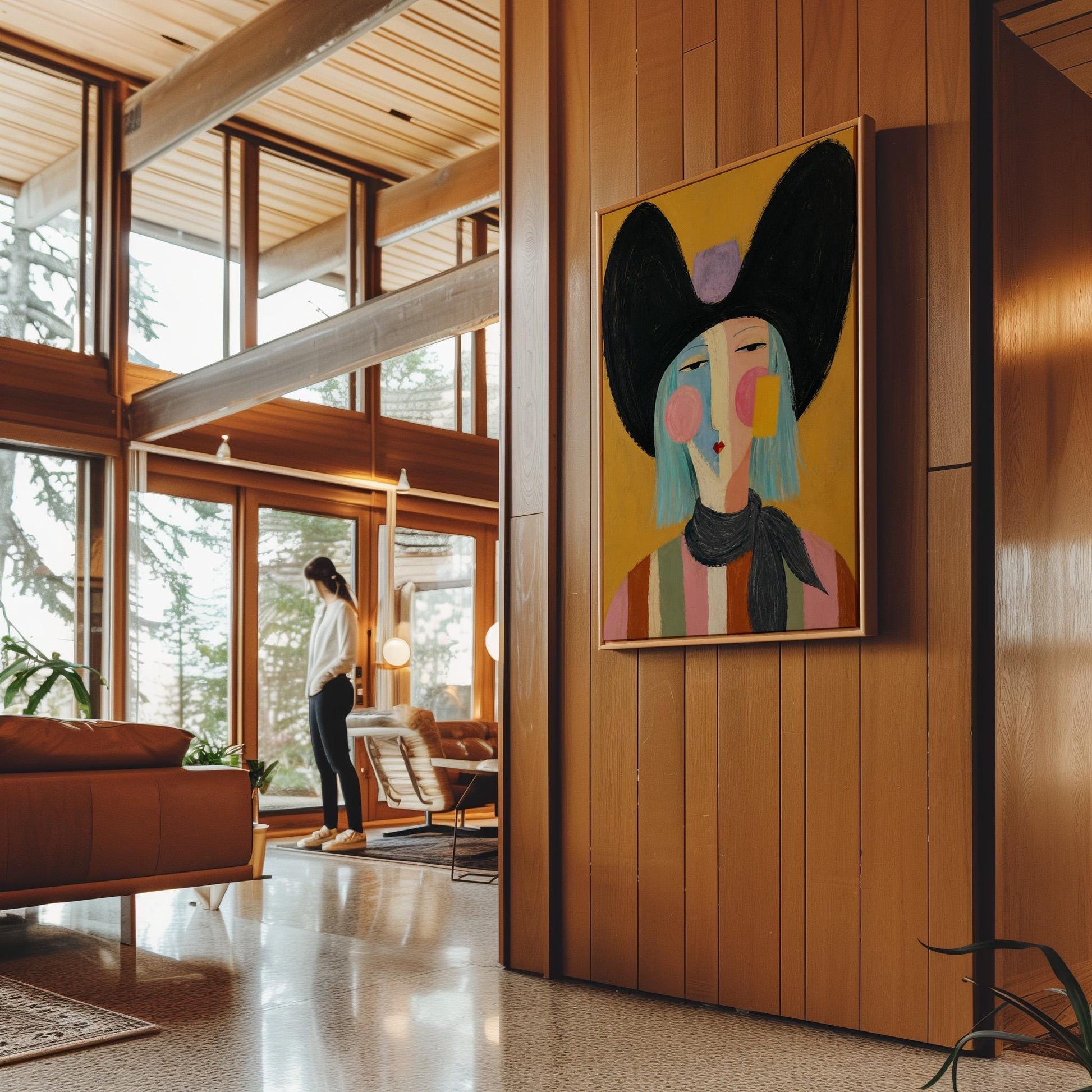 Expressive cowgirl with sweeping black hair and a scarf on an ochre ground, canvas print shown in a sunlit, contemporary room