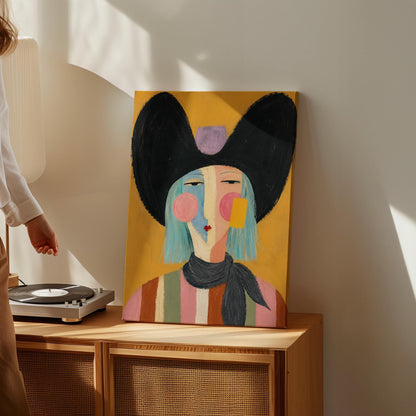 Expressive cowgirl with sweeping black hair and a scarf on an ochre ground, canvas wall art hanging in a calm, modern living space
