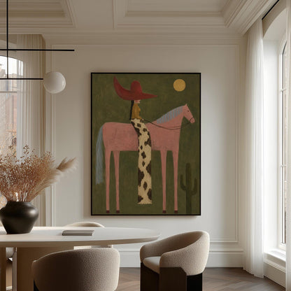 Cowgirl in a red hat riding a tall pink horse past a cactus under the moon, canvas print hanging in a calm, modern living space