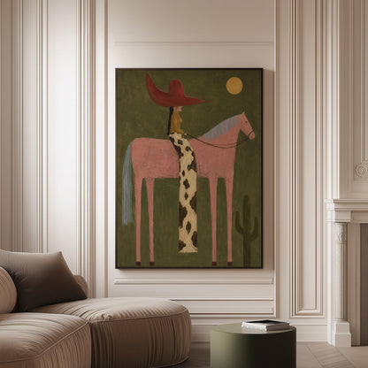 Cowgirl in a red hat riding a tall pink horse past a cactus under the moon, canvas print on a softly lit wall in a calm interior