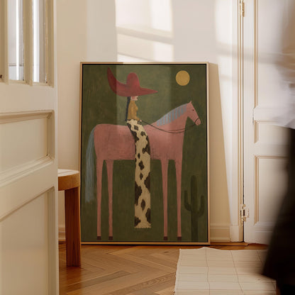Cowgirl in a red hat riding a tall pink horse past a cactus under the moon, canvas wall art on a quiet wall in a considered interior