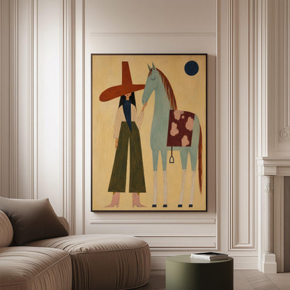 Woman in a wide red hat standing beside a gentle blue horse in the desert, canvas print on a softly lit wall in a calm interior