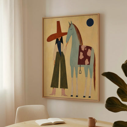 Woman in a wide red hat standing beside a gentle blue horse in the desert, canvas print on a quiet wall in a considered interior