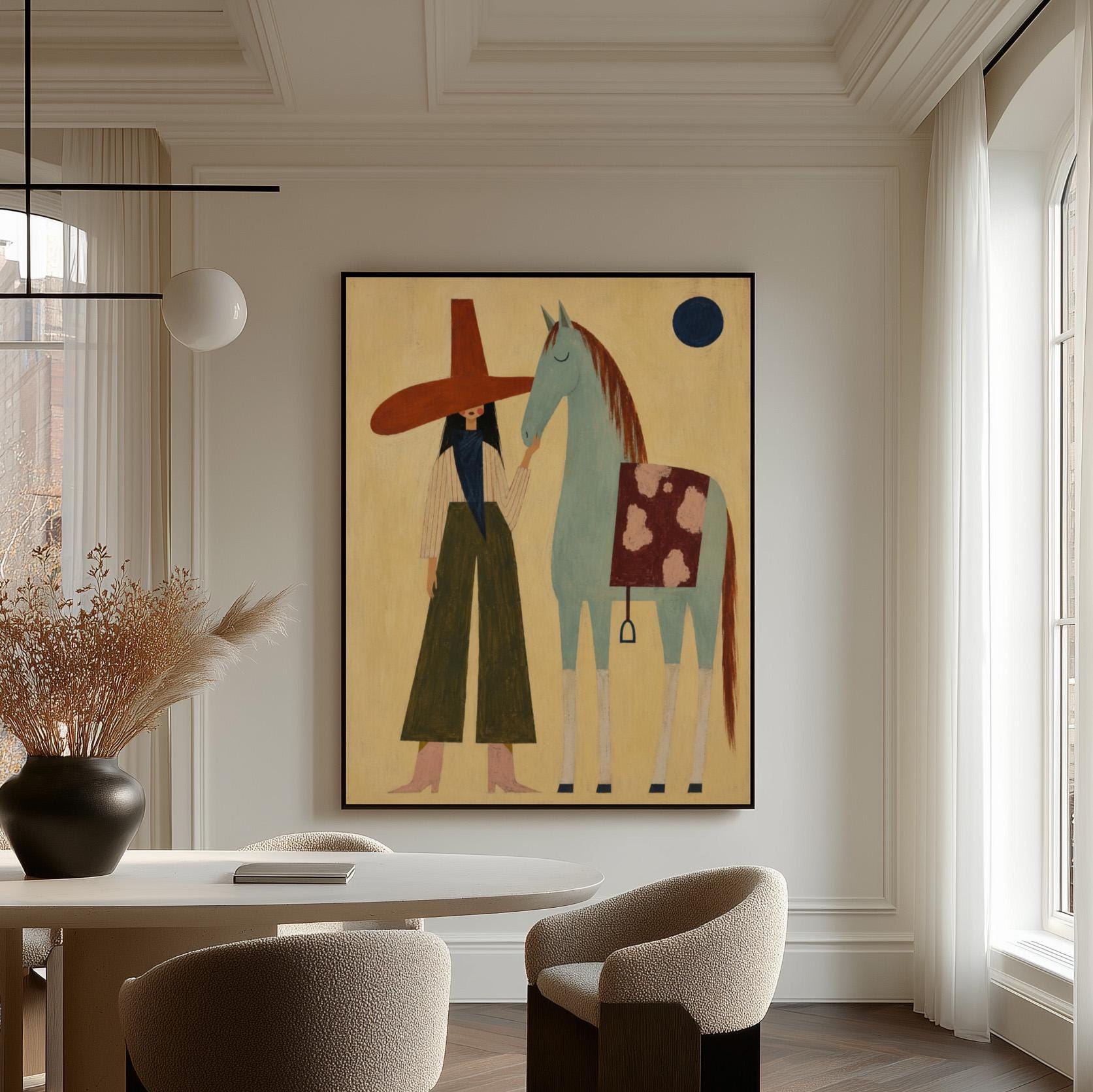 Woman in a wide red hat standing beside a gentle blue horse in the desert, canvas wall art styled against a soft white wall