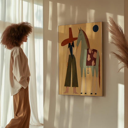 Woman in a wide red hat standing beside a gentle blue horse in the desert, canvas wall art on a quiet wall in a considered interior