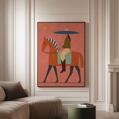 Cowgirl in a broad blue hat riding a rust red horse across a coral sky, canvas print on a softly lit wall in a calm interior