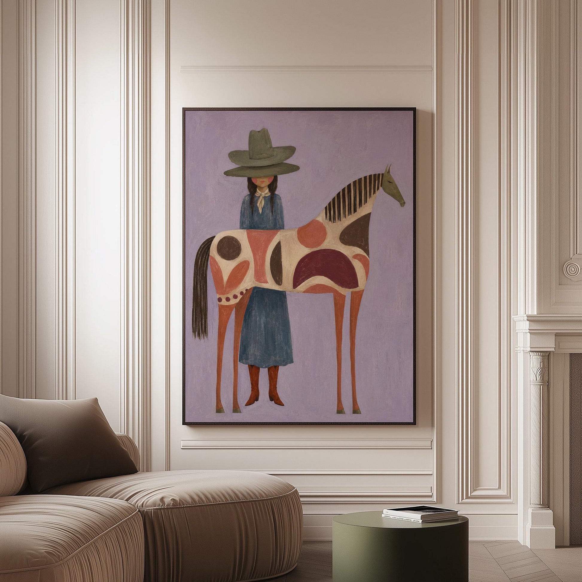 Woman in an olive hat before a patterned folk horse on a lavender ground, canvas print on a softly lit wall in a calm interior