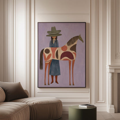 Woman in an olive hat before a patterned folk horse on a lavender ground, canvas print on a softly lit wall in a calm interior