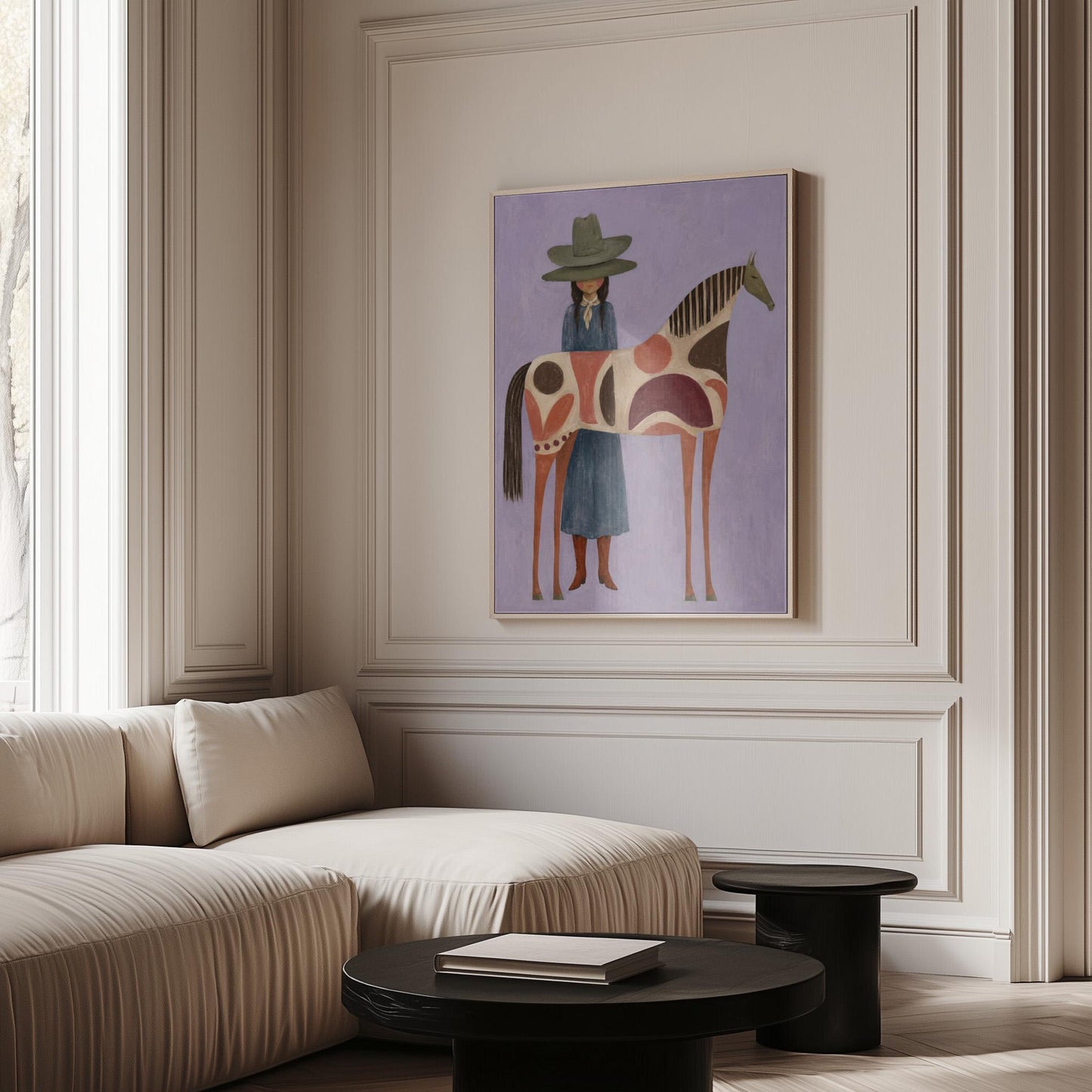 Woman in an olive hat before a patterned folk horse on a lavender ground, canvas wall art presented in a light, minimal room