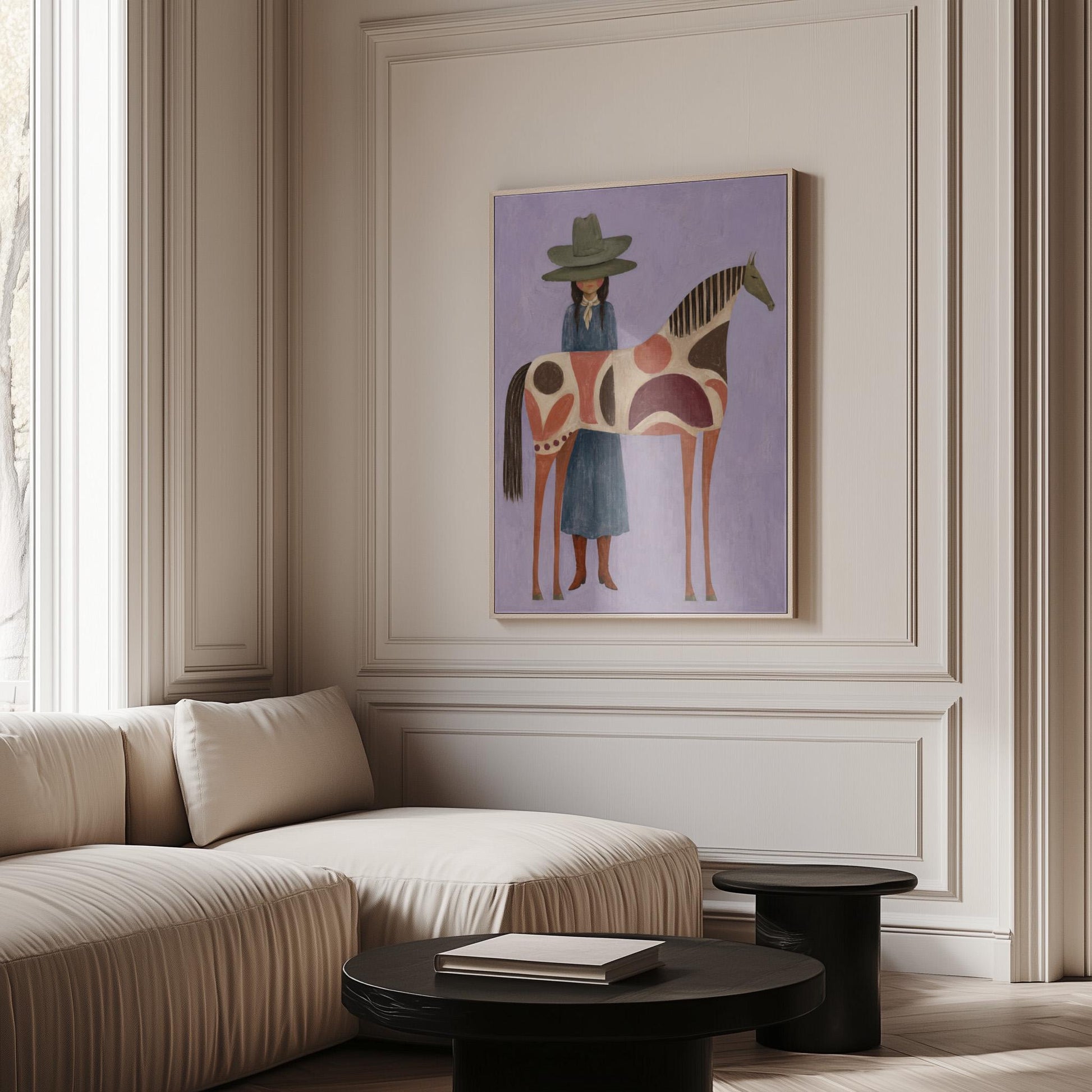 Woman in an olive hat before a patterned folk horse on a lavender ground, canvas wall art presented in a light, minimal room