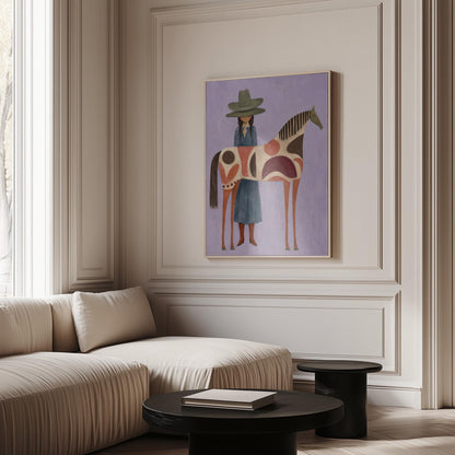 Woman in an olive hat before a patterned folk horse on a lavender ground, canvas wall art presented in a light, minimal room