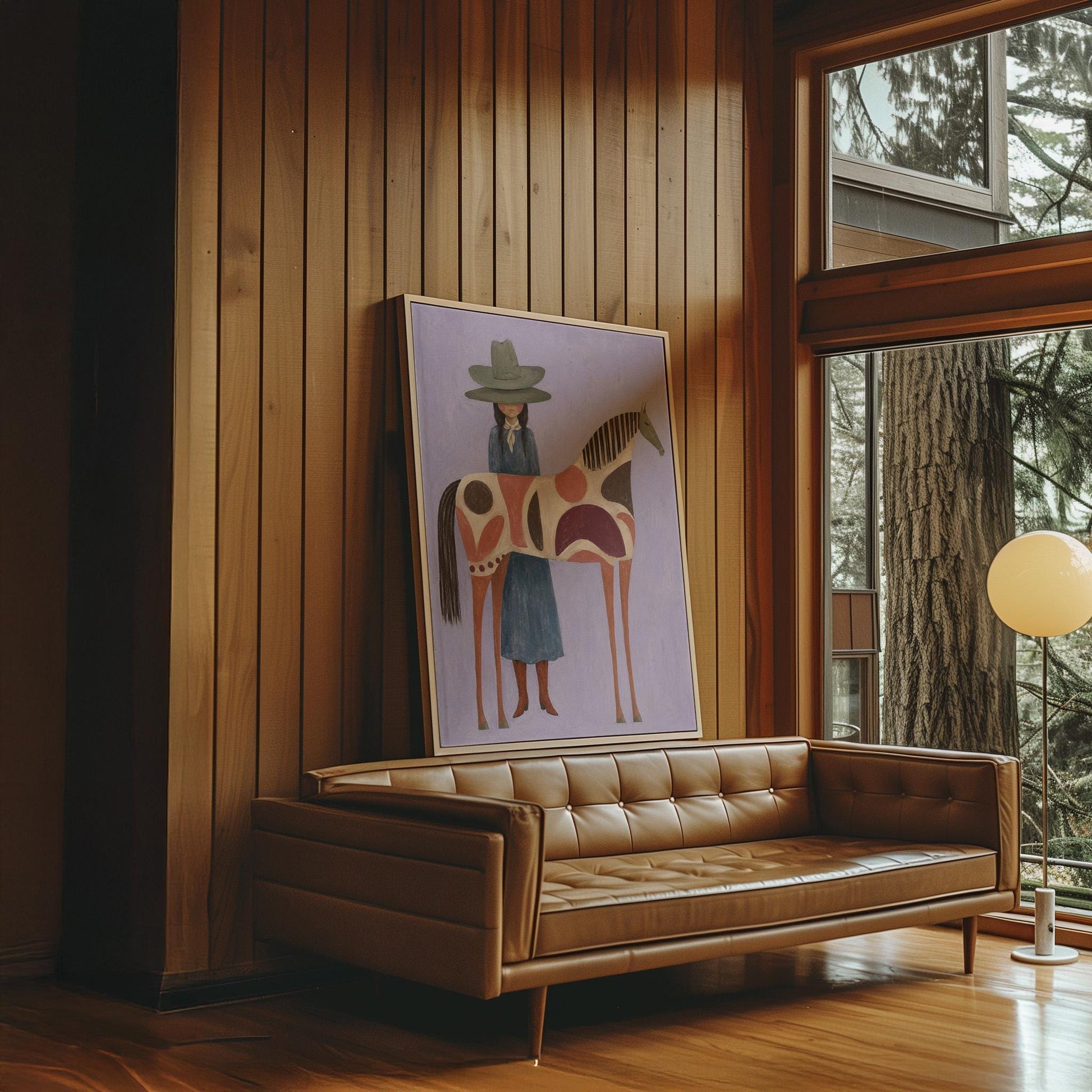 Woman in an olive hat before a patterned folk horse on a lavender ground, canvas wall art on a quiet wall in a considered interior