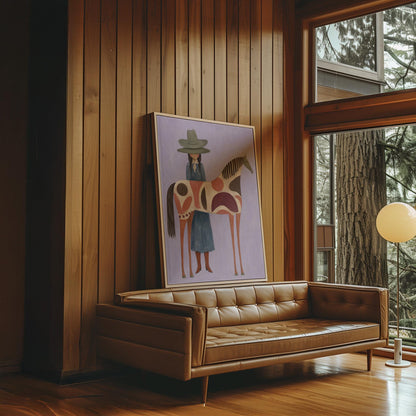 Woman in an olive hat before a patterned folk horse on a lavender ground, canvas wall art on a quiet wall in a considered interior