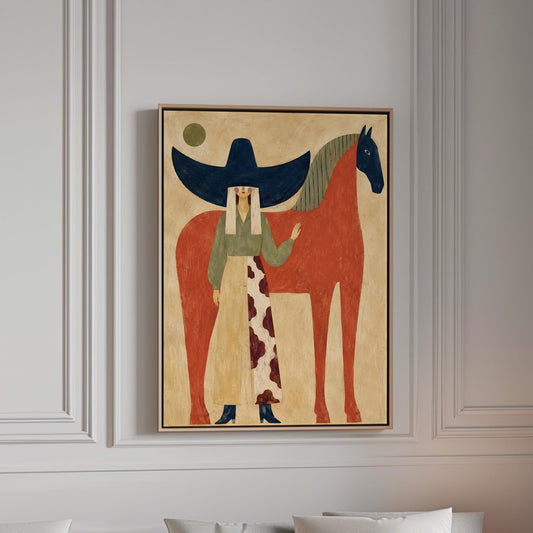 Woman in a navy hat standing by a red horse with a dark head under a moon, canvas print in a bright room with natural daylight
