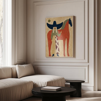 Woman in a navy hat standing by a red horse with a dark head under a moon, canvas print shown in a sunlit, contemporary room