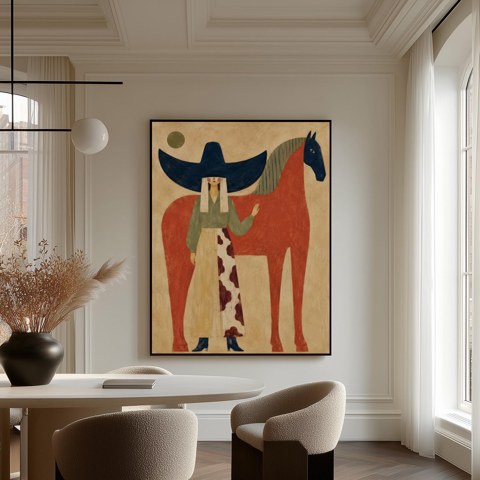Woman in a navy hat standing by a red horse with a dark head under a moon, canvas wall art seen in a warm interior with natural light