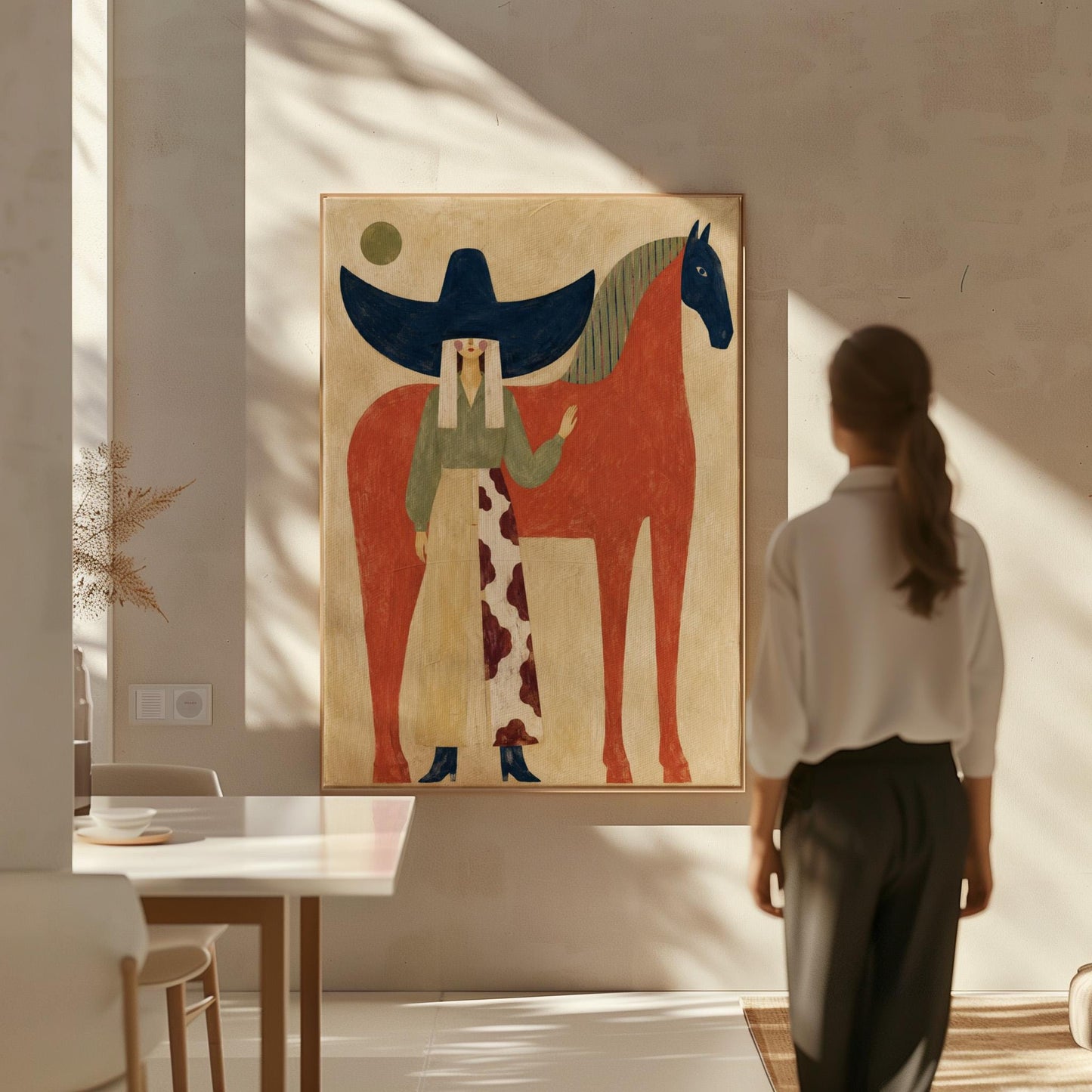 Woman in a navy hat standing by a red horse with a dark head under a moon, canvas wall art presented in a light, minimal room