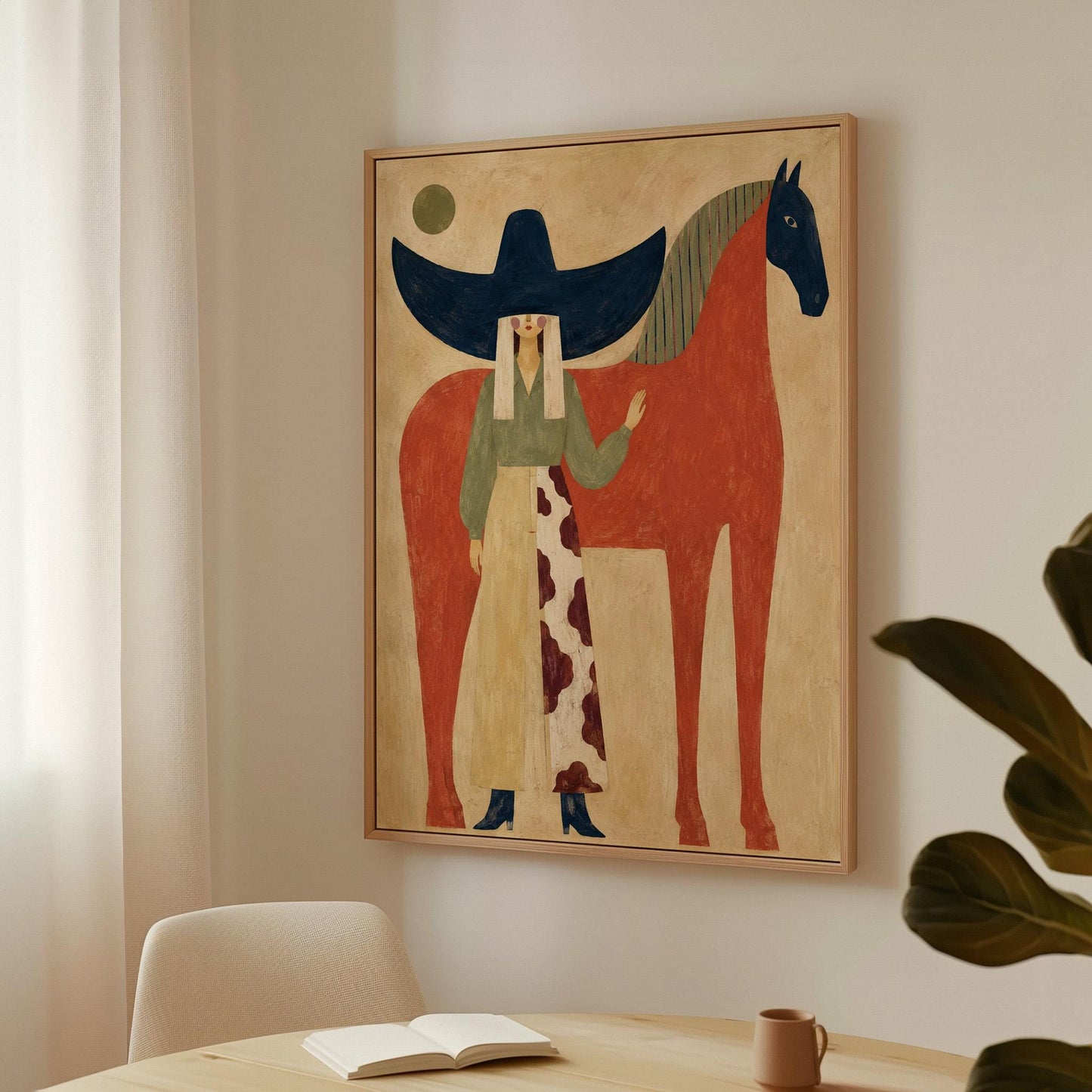 Woman in a navy hat standing by a red horse with a dark head under a moon, canvas wall art on a quiet wall in a considered interior
