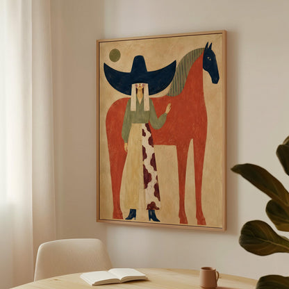Woman in a navy hat standing by a red horse with a dark head under a moon, canvas wall art on a quiet wall in a considered interior
