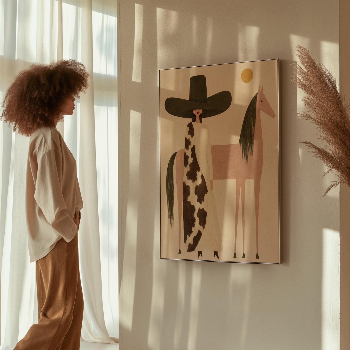 Woman in a tall dark hat standing beside a soft pink horse with olive mane, canvas print styled against a soft white wall