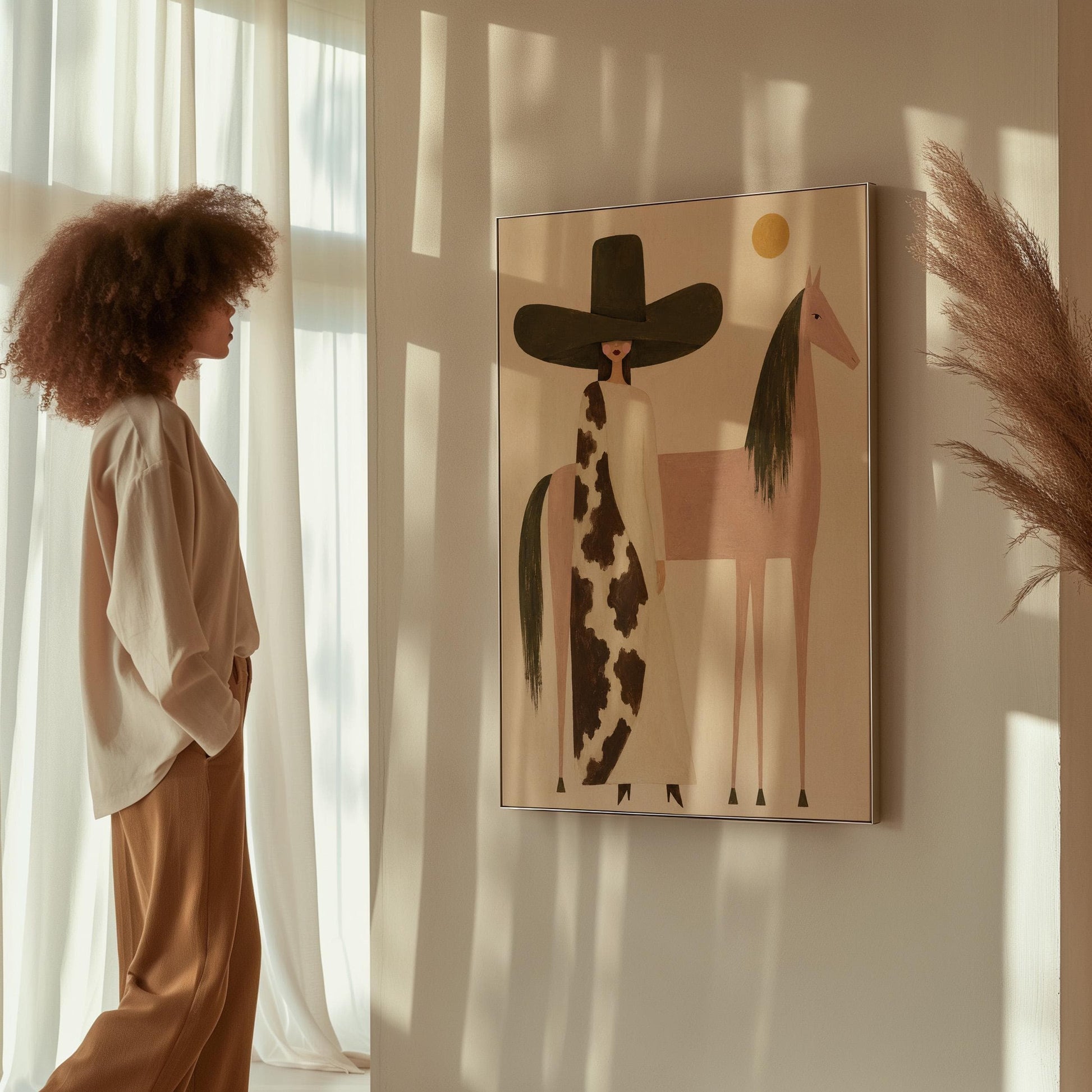 Woman in a tall dark hat standing beside a soft pink horse with olive mane, canvas print styled against a soft white wall