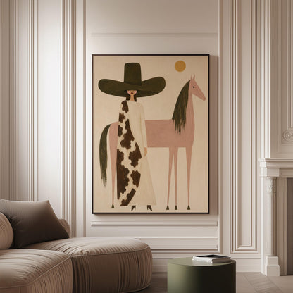 Woman in a tall dark hat standing beside a soft pink horse with olive mane, canvas print on a softly lit wall in a calm interior