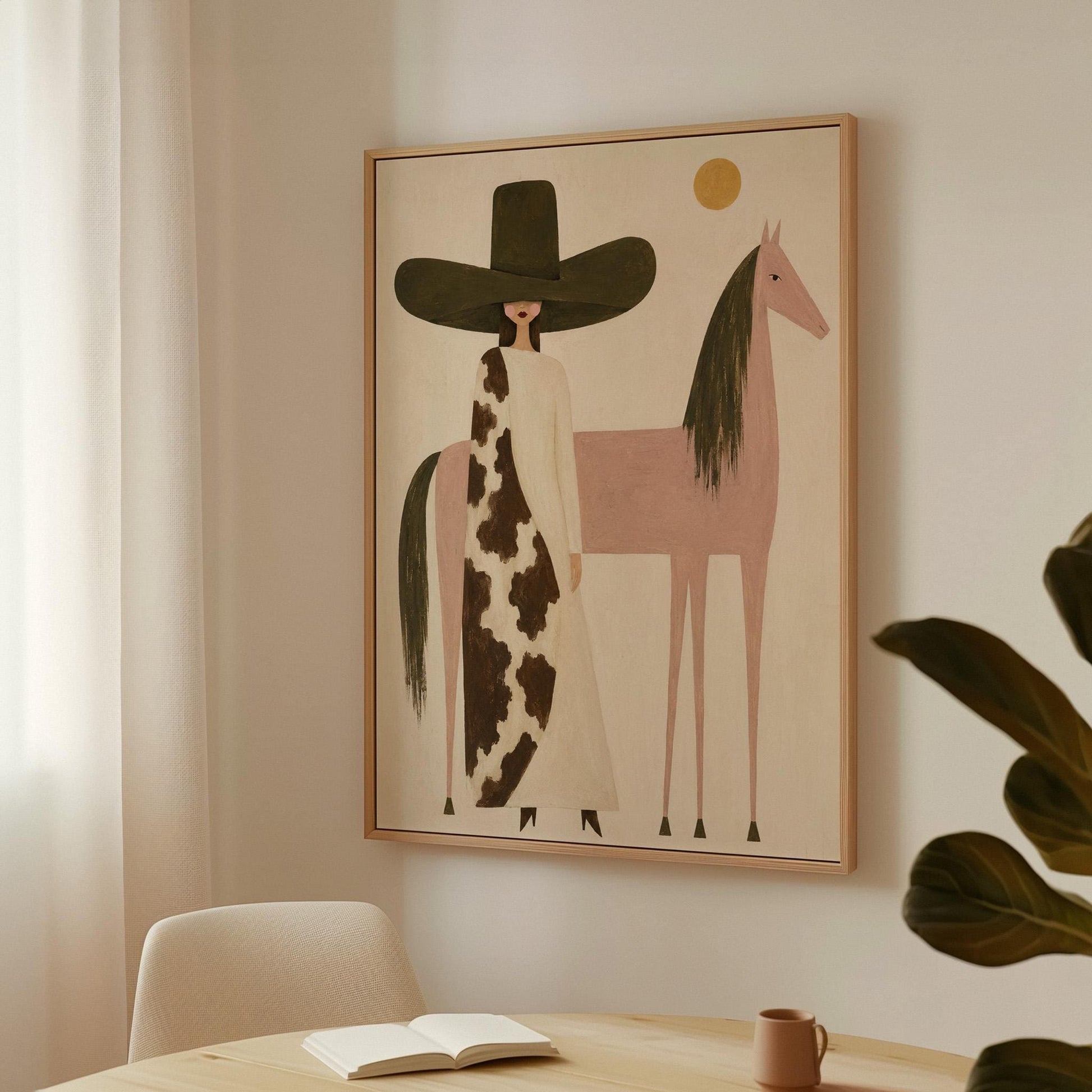 Woman in a tall dark hat standing beside a soft pink horse with olive mane, canvas print displayed on a neutral wall in a styled interior