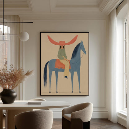 Cowgirl in a dramatic red hat riding a slender blue horse across pale sand, canvas wall art presented in a light, minimal room