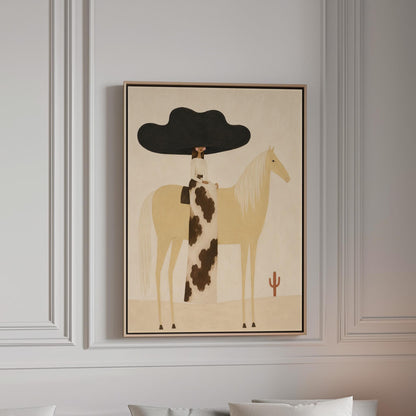 Woman in a huge black hat riding a pale palomino across a desert with cactus, canvas print in a bright room with natural daylight