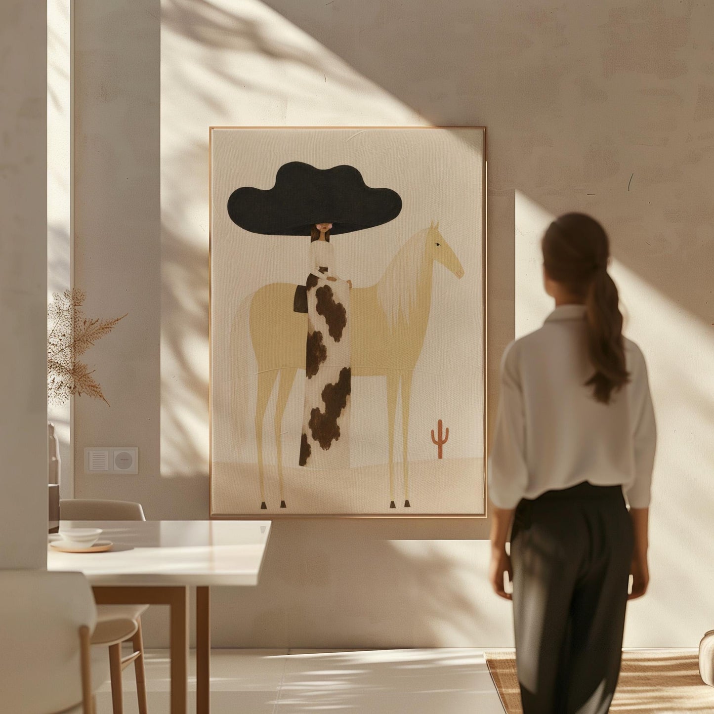 Woman in a huge black hat riding a pale palomino across a desert with cactus, canvas print shown in a sunlit, contemporary room