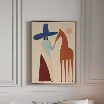 Woman in a tall blue hat reaching to a slim chestnut horse under a pink sun, canvas print in a bright room with natural daylight