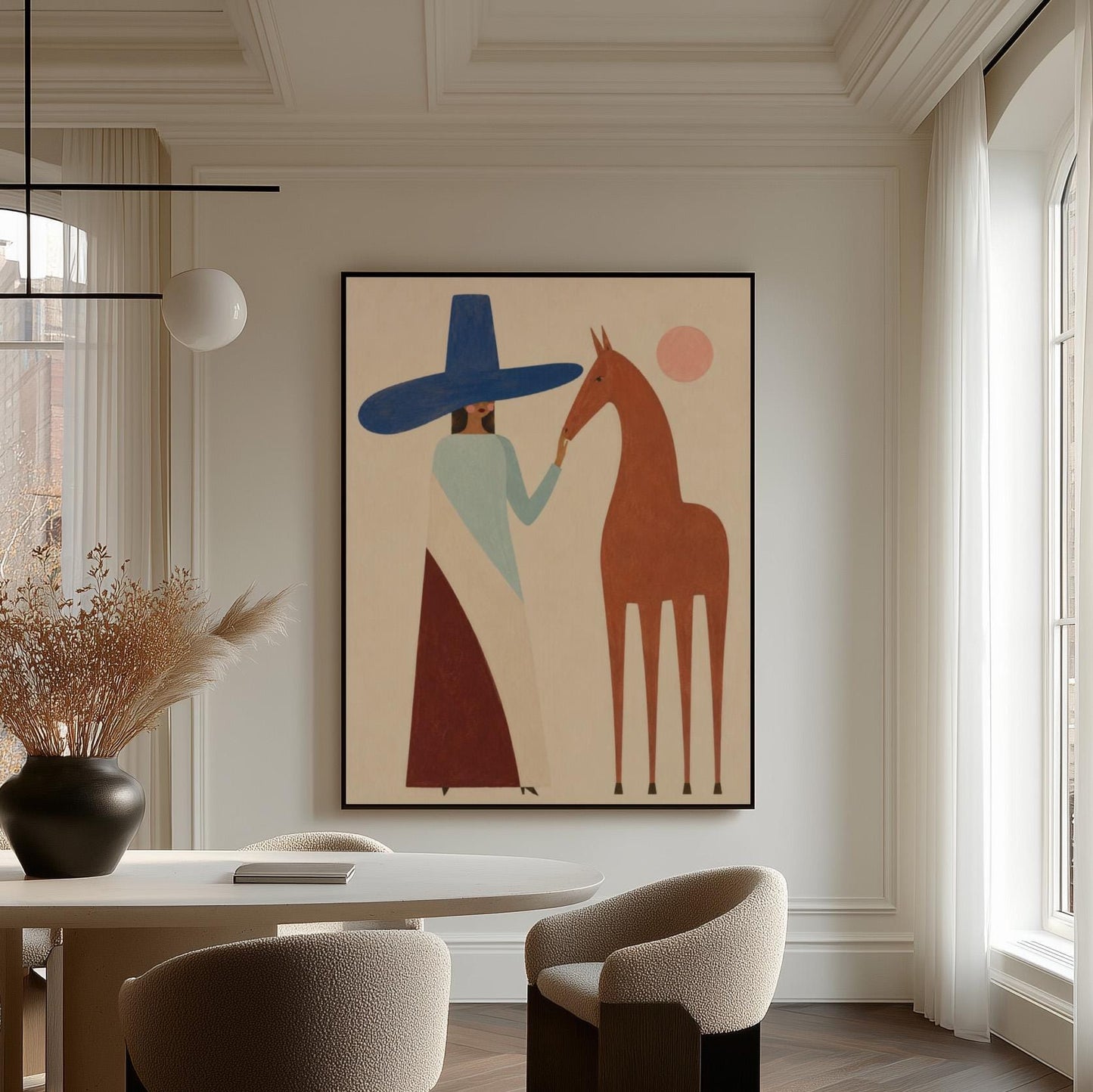 Woman in a tall blue hat reaching to a slim chestnut horse under a pink sun, canvas print shown in a sunlit, contemporary room
