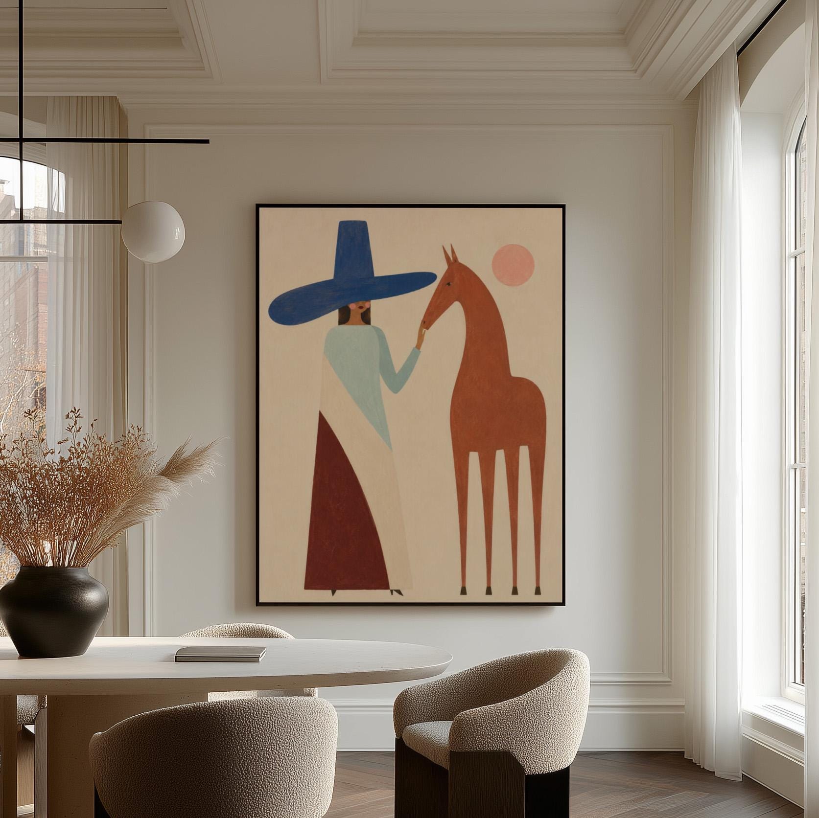 Woman in a tall blue hat reaching to a slim chestnut horse under a pink sun, canvas print shown in a sunlit, contemporary room