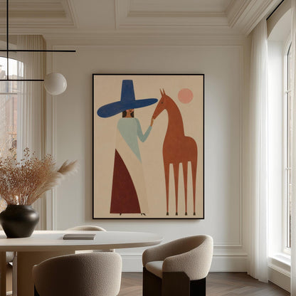 Woman in a tall blue hat reaching to a slim chestnut horse under a pink sun, canvas print shown in a sunlit, contemporary room