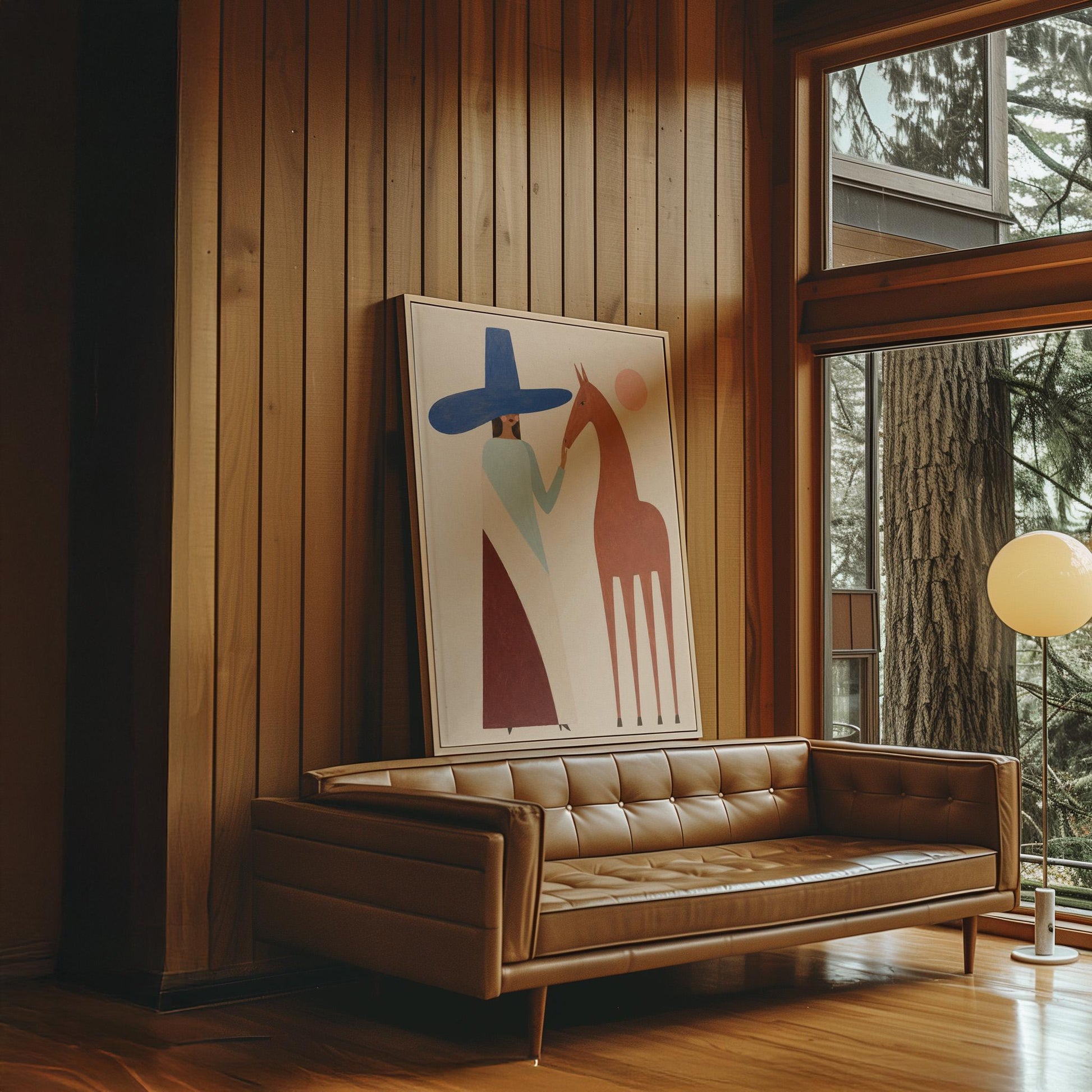 Woman in a tall blue hat reaching to a slim chestnut horse under a pink sun, canvas wall art seen in a warm interior with natural light