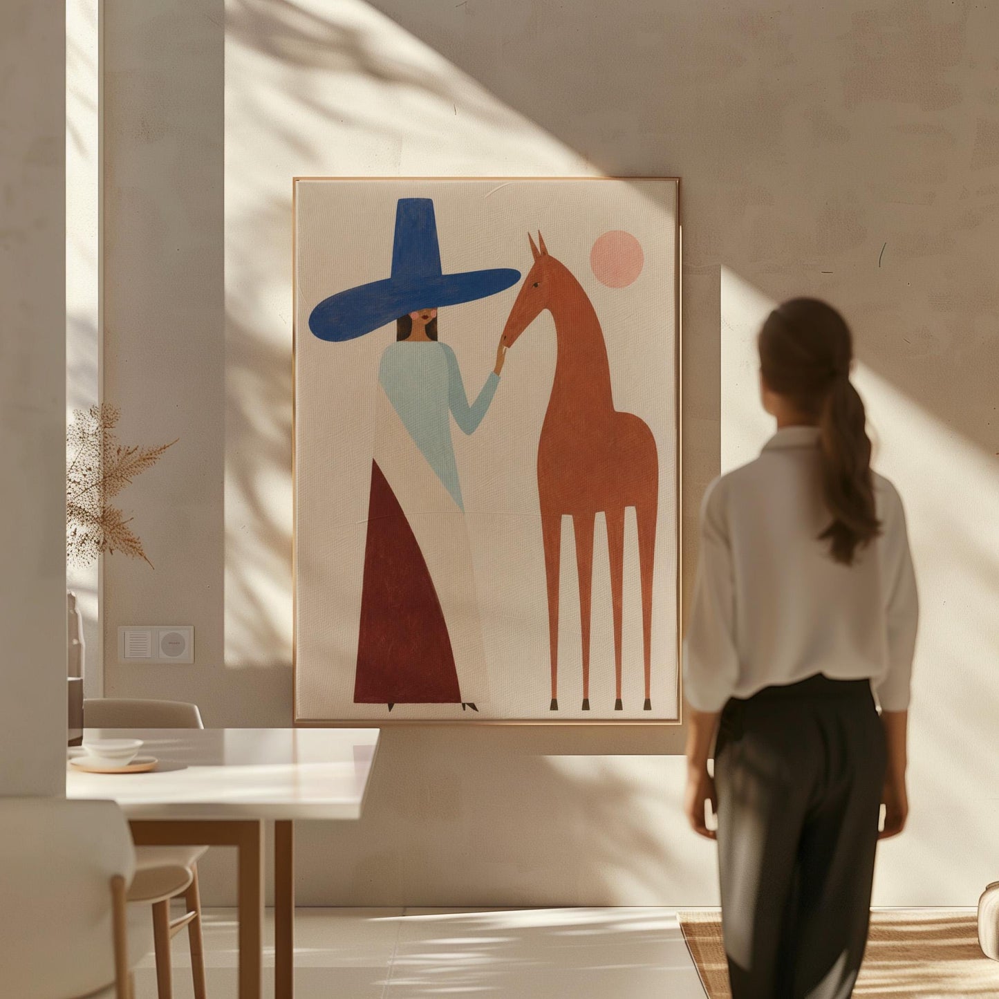 Woman in a tall blue hat reaching to a slim chestnut horse under a pink sun, canvas wall art on a quiet wall in a considered interior