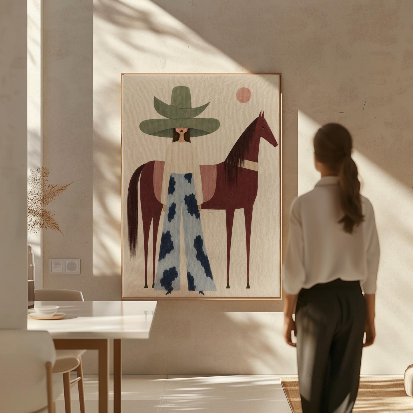 Woman in a pink bonnet standing beside a tall olive green folk horse, canvas print hanging in a calm, modern living space