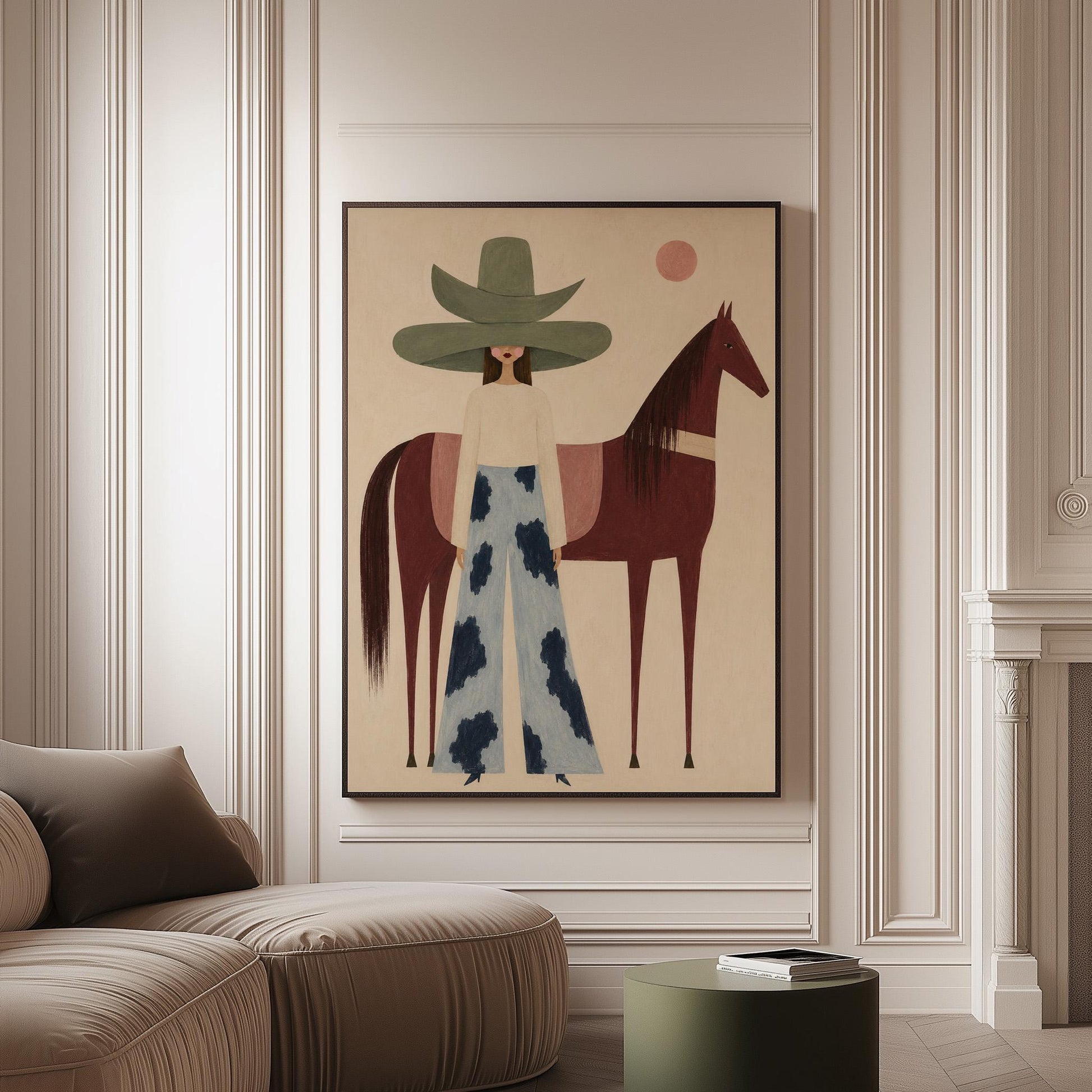 Woman in a pink bonnet standing beside a tall olive green folk horse, canvas print on a softly lit wall in a calm interior
