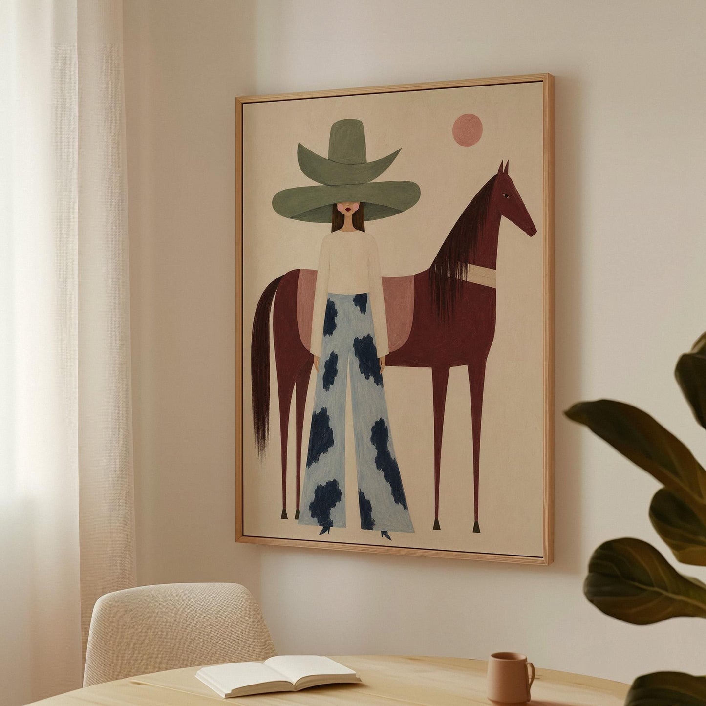 Woman in a pink bonnet standing beside a tall olive green folk horse, canvas print shown to scale in a furnished room