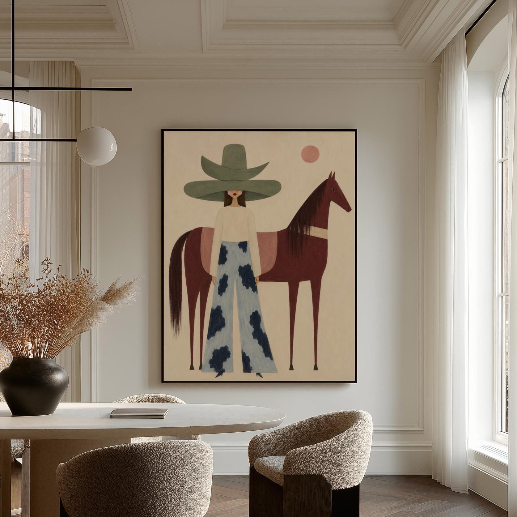 Woman in a pink bonnet standing beside a tall olive green folk horse, canvas print shown in a sunlit, contemporary room